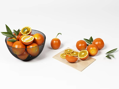 Decorative Ceramic Bowl Holding Fresh Oranges Sliced Segments And Green Leaves On Wooden Board 3d model