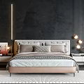 Modern Double Bed With Plush Headboard Decorative Pillows And Bedside Lamps 3d model