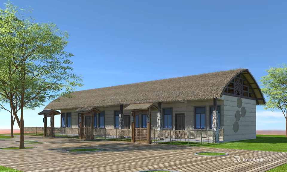 Rustic Homestay Building With Thatched Roof Covered Porch Large Windows And Wooden Deck 3d model 