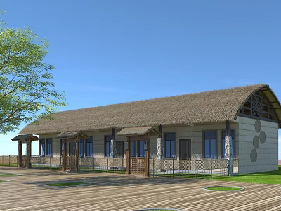 Rustic Homestay Building With Thatched Roof Covered Porch Large Windows And Wooden Deck 3d model
