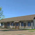 Rustic Homestay Building With Thatched Roof Covered Porch Large Windows And Wooden Deck