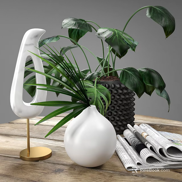 Decorative White Vase With Fresh Green Plants And Black Vase On Wooden Table 3d model 