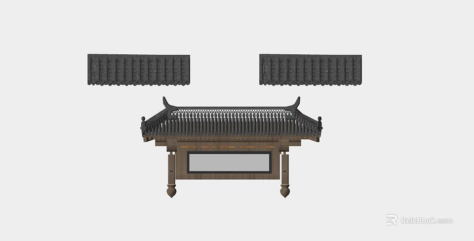Traditional Chinese Roof Components With Black Tiles And Decorative Ridge Structures 3d model 