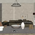 Modern Living Room Interior With Brown Sofa Chandelier Large Window Armchair And Coffee Table