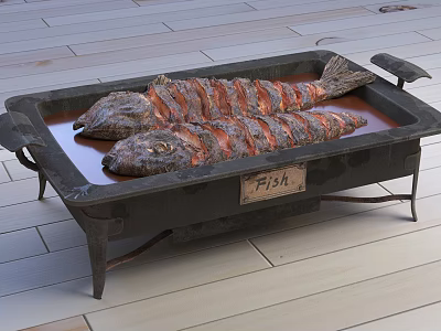 Two Roasted Fish on Metal Tray With Handles and Sauce Labeled Fish on Wooden Floor 3d model