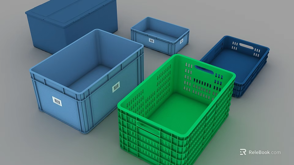 Assorted Plastic Crates In Blue Green With Perforated And Solid Designs For Storage 3d model 