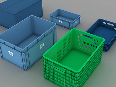 Assorted Plastic Crates In Blue Green With Perforated And Solid Designs For Storage 3d model