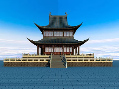 Ancient Chinese Architecture With Multi Tiered Roof Overhanging Eaves And Stone Steps 3d model