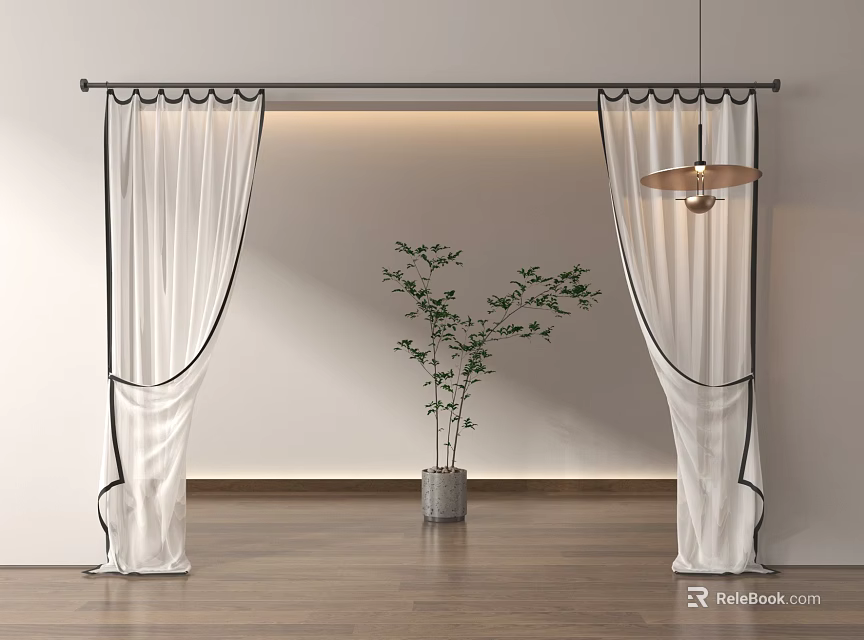 White Sheer Curtains With Black Trim On Wooden Floor With Green Plant And Hanging Lamp 3d model 