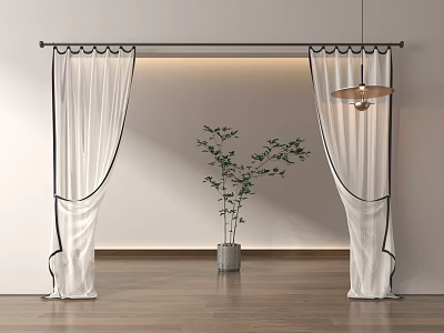 White Sheer Curtains With Black Trim On Wooden Floor With Green Plant And Hanging Lamp 3d model