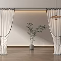 White Sheer Curtains With Black Trim On Wooden Floor With Green Plant And Hanging Lamp