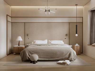 Cozy Beige Bedroom Interior With White Pillows Chandelier And Wooden Floor 3d model