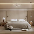Cozy Beige Bedroom Interior With White Pillows Chandelier And Wooden Floor
