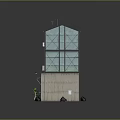 Two Story Building With Glass Exterior Blue Windows Dark Roof And Roller Shutter Doors