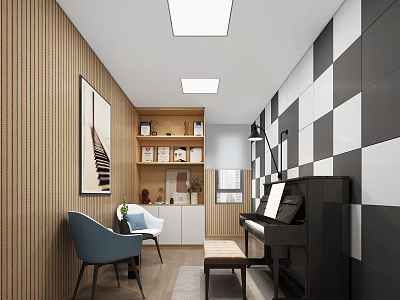 Modern Piano Room Interior With Black Piano Wooden Wall And Bookshelf 3d model
