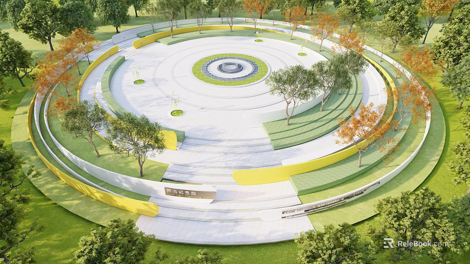 Circular Terraced Landscape Seating With Surrounding Trees Lawn And Central Area 3d model 