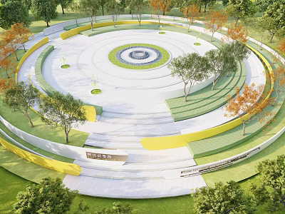 Circular Terraced Landscape Seating With Surrounding Trees Lawn And Central Area 3d model