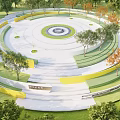 Circular Terraced Landscape Seating With Surrounding Trees Lawn And Central Area