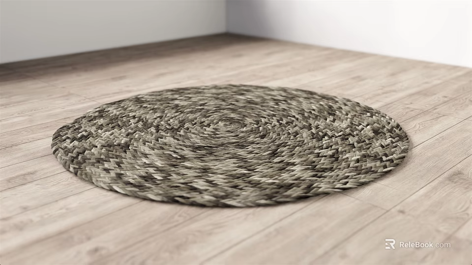 Round Woven Natural Fiber Rug With Neutral Tones On Light Wooden Floor 3d model 