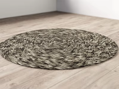 Round Woven Natural Fiber Rug With Neutral Tones On Light Wooden Floor 3d model