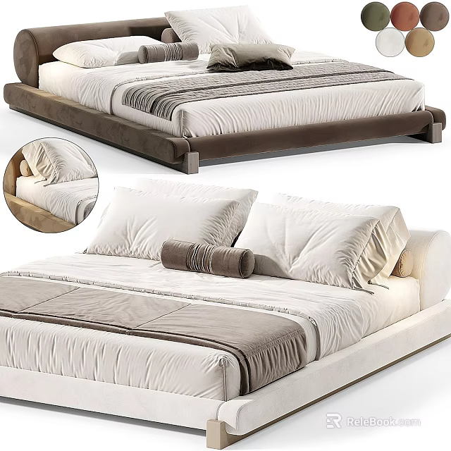 Modern Double Bed With Upholstered Frame White Brown Pillows And Soft Mattress 3d model 