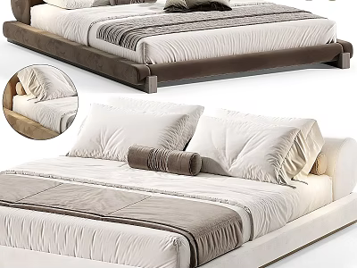 Modern Double Bed With Upholstered Frame White Brown Pillows And Soft Mattress 3d model