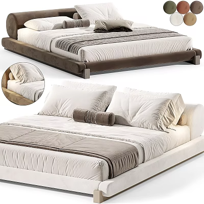 Modern Double Bed With Upholstered Frame White Brown Pillows And Soft Mattress 3d model