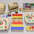 Wooden Doll Collection With Colorful Shapes And Educational Play Elements 3d model