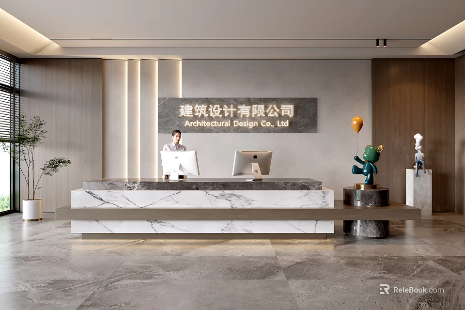 Modern Office Front Desk Reception With Marble Counter Computer And Decorations For Architectural Design Company 3d model 