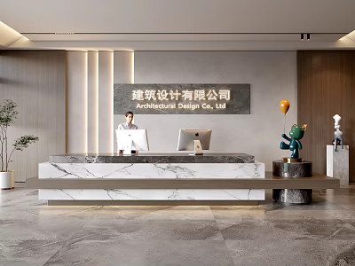 Modern Office Front Desk Reception With Marble Counter Computer And Decorations For Architectural Design Company 3d model