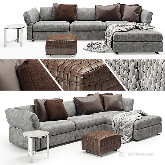 Gray Two Seater Sofa With Brown Ottoman Cozy Blanket Soft Pillows And Woven Texture 3d model 