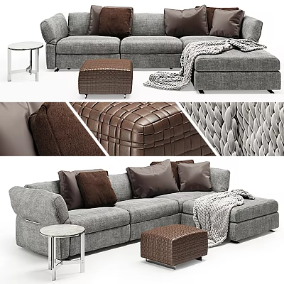 Gray Two Seater Sofa With Brown Ottoman Cozy Blanket Soft Pillows And Woven Texture 3d model