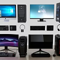 Modern Desktop Computer Setup With Curved Flat Monitors Keyboards Mice And Headphones 3d model