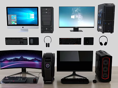 Modern Desktop Computer Setup With Curved Flat Monitors Keyboards Mice And Headphones 3d model