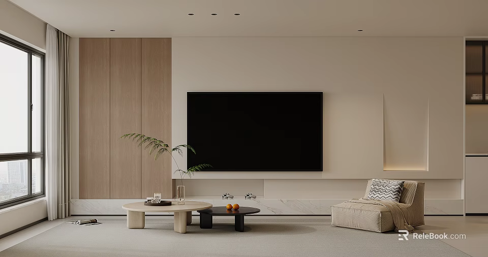 Modern Living Room Interior With Large TV Wall Wooden Panel Coffee Tables And Green Plant 3d model 