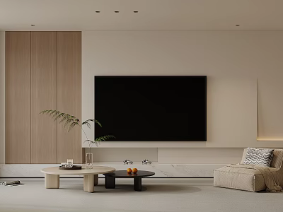 Modern Living Room Interior With Large TV Wall Wooden Panel Coffee Tables And Green Plant 3d model