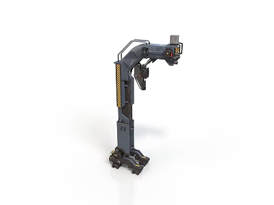 Dark Colored Industrial Robotic Arm With Yellow Warning Stripes Base Wheels And Top Sensor 3d model