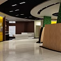 Eco City Interior Design With Wooden Curved Reception Desk And Green Plant Wall