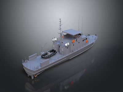 Multi Purpose Watercraft With Gray Hull Superstructure Deck Railings Antennas And Orange Lifebuoys 3d model