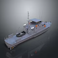 Multi Purpose Watercraft With Gray Hull Superstructure Deck Railings Antennas And Orange Lifebuoys