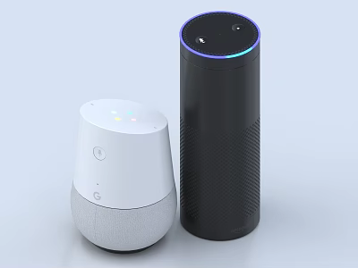 Smart Home Audio Speakers With White And Black Cylindrical Design And Indicator Lights 3d model