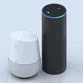Smart Home Audio Speakers With White And Black Cylindrical Design And Indicator Lights