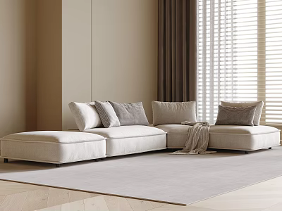 Modern Beige Sectional Sofa With Throw Pillows And Area Rug In Living Room 3d model