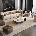 Modern Beige Sofa With Cushions And Round Marble Coffee Table Set With Armchairs Ottomans