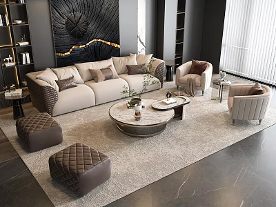 Modern Beige Sofa With Cushions And Round Marble Coffee Table Set With Armchairs Ottomans 3d model