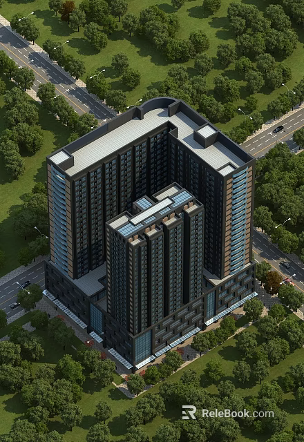Aerial Planning of Modern Residential Complex with High Rise Buildings Green Spaces and Road Network 3d model 