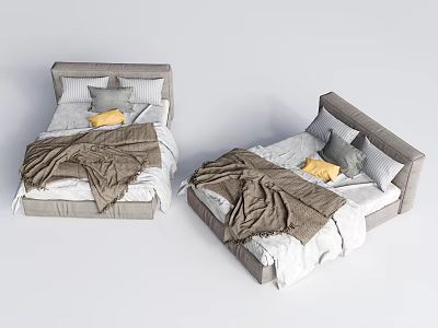 Two Single Beds With Gray Upholstered Headboards White Sheets And Brown Blankets 3d model