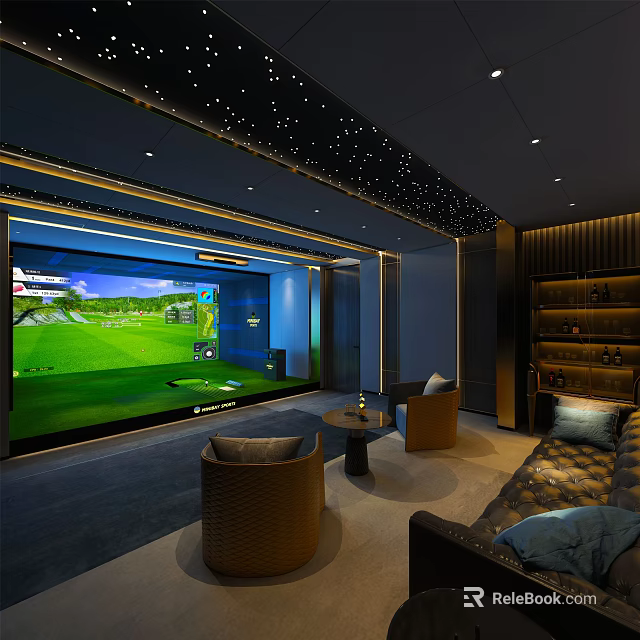 Luxury Clubhouse Interior With Golf Simulator Leather Sofas Armchairs Starry Ceiling And Wooden Shelves 3d model 