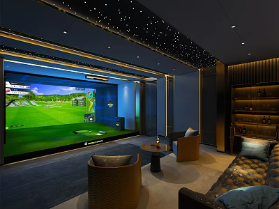 Luxury Clubhouse Interior With Golf Simulator Leather Sofas Armchairs Starry Ceiling And Wooden Shelves 3d model