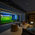Luxury Clubhouse Interior With Golf Simulator Leather Sofas Armchairs Starry Ceiling And Wooden Shelves 3d model